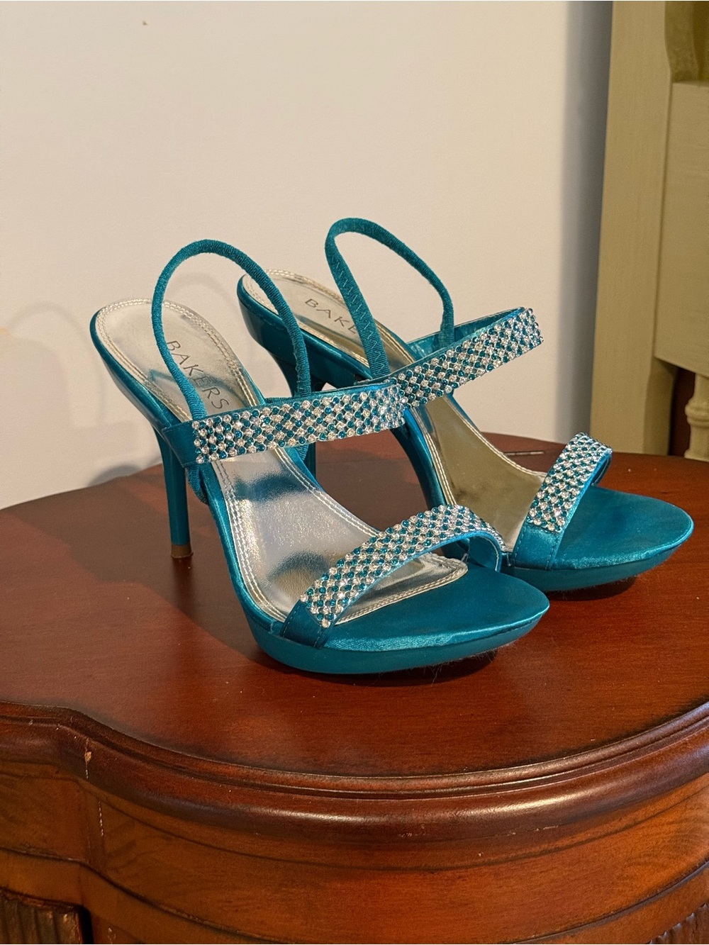 Bakers Audra Turquoise Platform Strappy Stiletto Open Toed Heels with Rhinestone